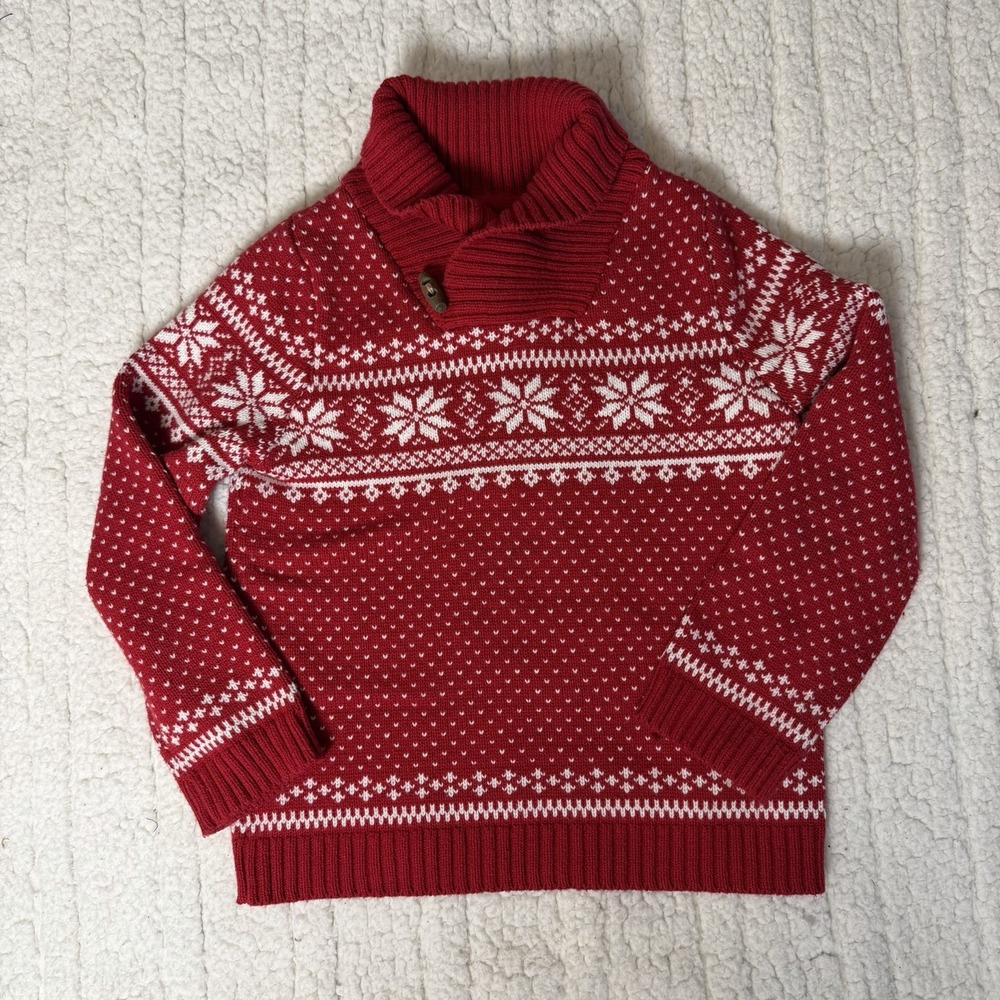 Tahari Boy's Red Fair Isle Pullover Ski Sweater Size 5 6 Red Snowflake Winter‎